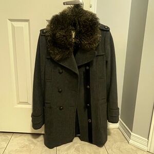 Aritzia Gray Wool Coat with removable Faux Fur Collar